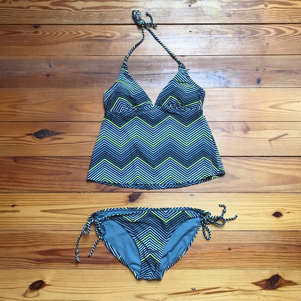 Converse Gray Yellow Chevron Print Tankini Swimsuit, EUC, M/L